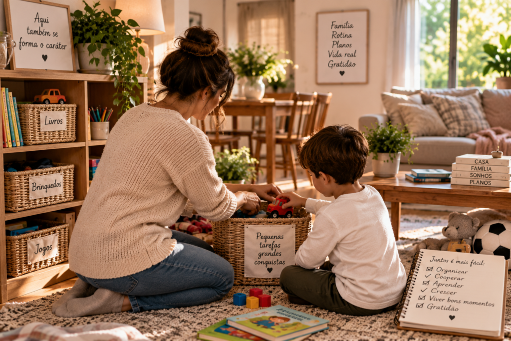 Mãe e filho organizando a casa juntos em uma rotina familiar