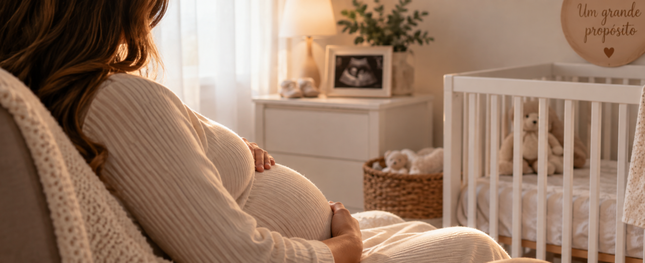 Gestante acariciando a barriga no quarto do bebê, representando como a maternidade começa na gravidez.