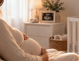 Gestante acariciando a barriga no quarto do bebê, representando como a maternidade começa na gravidez.