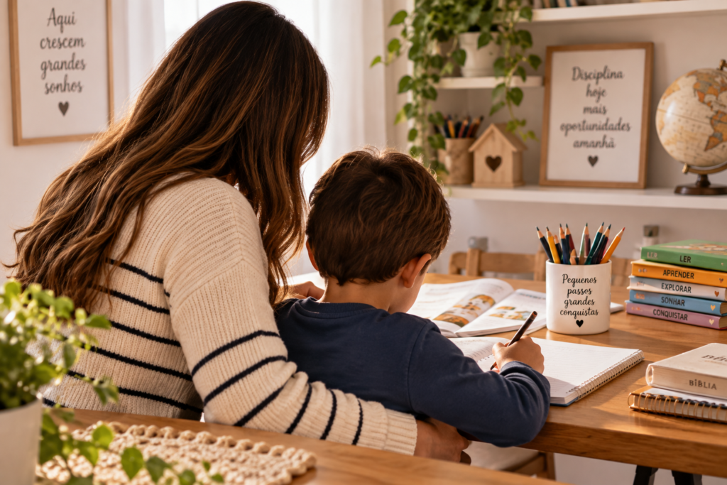Mãe acompanhando o filho durante os estudos em casa, com livros e caderno sobre a mesa.
