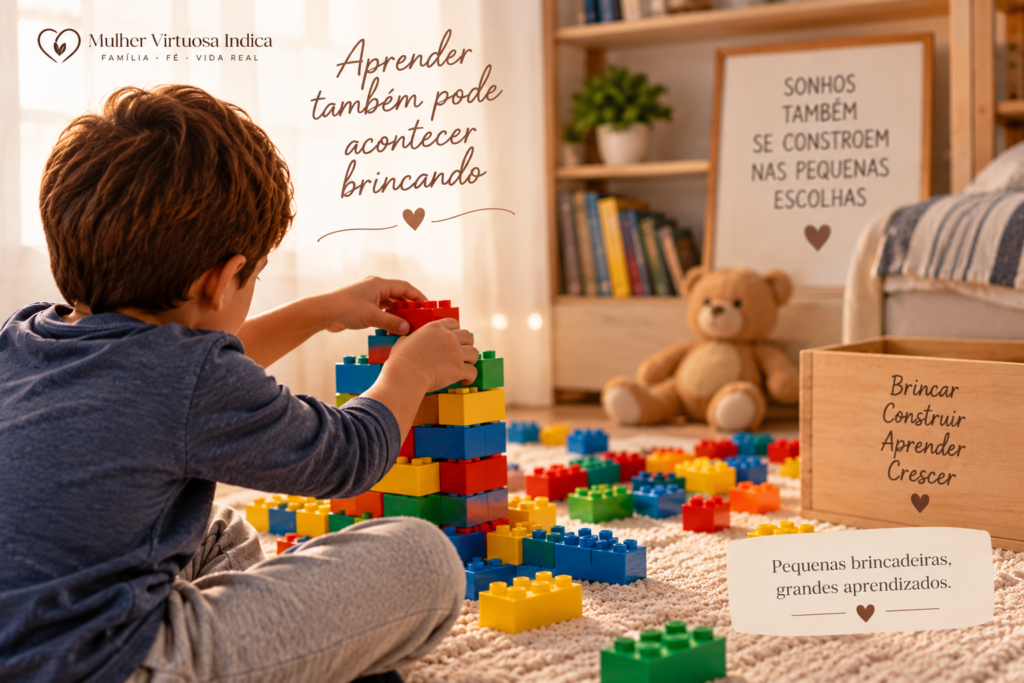 Criança brincando com blocos de montar em casa, estimulando a criatividade e a aprendizagem por meio da brincadeira.