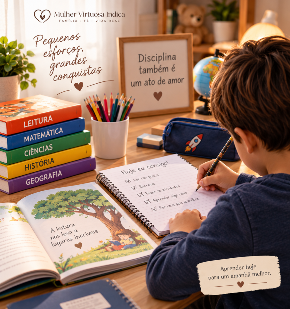 Criança estudando e escrevendo em casa, desenvolvendo hábitos de leitura e aprendizagem desde cedo.