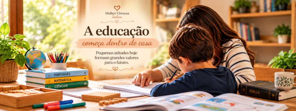 Mãe acompanhando a aprendizagem do filho em casa e ensinando valores