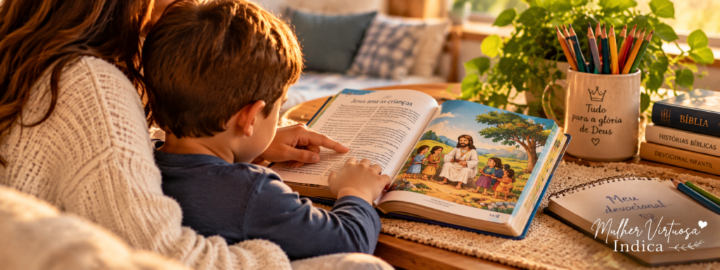 Mãe e filho fazendo devocional em casa com leitura da Bíblia infantil