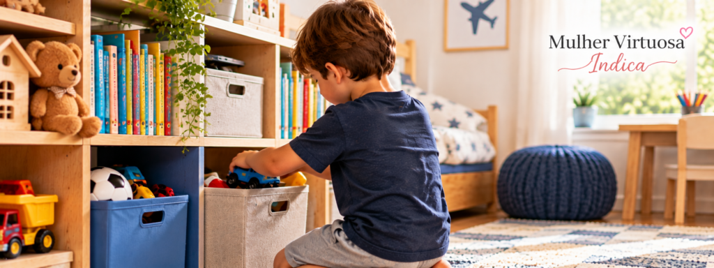Menino aprendendo responsabilidade ao organizar brinquedos e livros